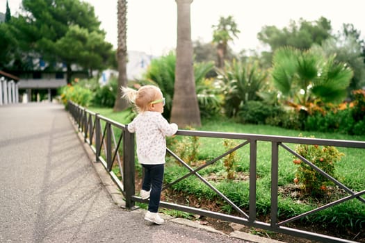 Little girl stands near the fence and looks at the garden. Back view. High quality photo