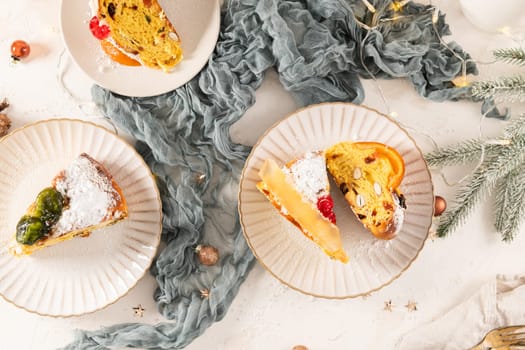 Bolo do Rei or King's Cake, Made for Christmas, Carnavale or Mardi Gras with Christmas season elements in Background.