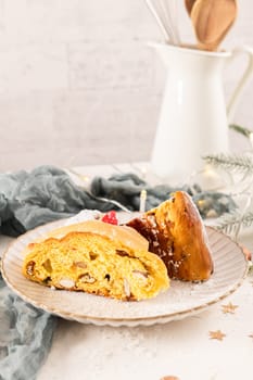 Bolo do Rei or King's Cake, Made for Christmas, Carnavale or Mardi Gras with Christmas season elements in Background.