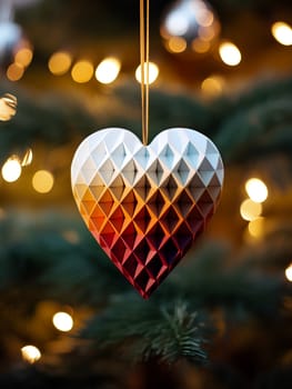 A geometric heart ornament hanging on a Christmas tree with warm lights - Generative AI