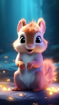 A close up of a cute cartoon squirrel in a magical forest - Generative AI