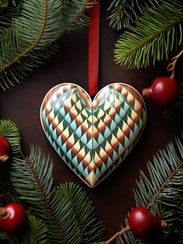 Vibrant heart-shaped ornament with a geometric pattern, suspended by a red ribbon, surrounded by pine needles and berries - generative AI