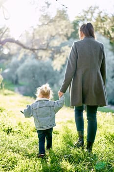 Mom and her little daughter walk through the green park holding hands. Back view. High quality photo