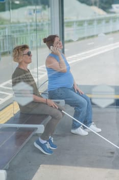 An elderly blind woman and a pregnant woman are sitting at a bus stop and waiting for the bus. Vertical photo