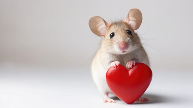Cute mouse with red heart on white background. Love from hamster. Valentine's Day