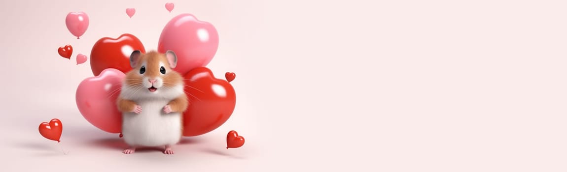 Banner of cute hamster with heart balloon on white background. Love from hamster. Valentine's Day