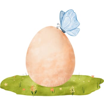 Vibrant watercolor composition featuring a bright blue butterfly perched on a fresh chicken egg in a lush green meadow. for illustrating farm produce and Easter concepts.