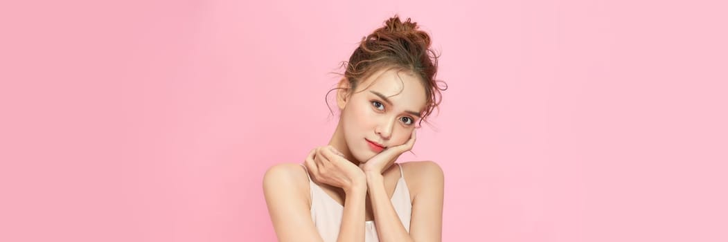 beauty woman asia and have white skin charm and pink background