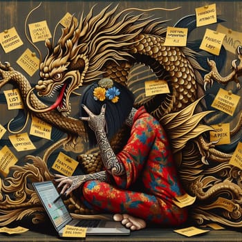 a stressed woman and chinese dragon icon covered of post it notes working with laptop in the office