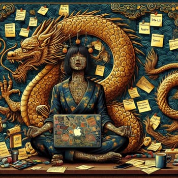 a stressed woman and chinese dragon icon covered of post it notes working with laptop in the office