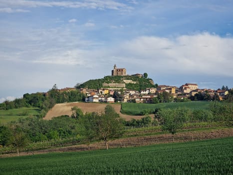 View of Sarezzano village on Landscape on the Tortona hills (Colli Tortonesi), in the Alessandria province, Piedmont, Italy, at springtime.
