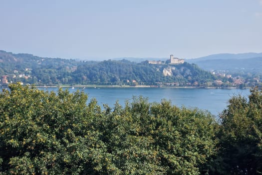 Aerial view of Lake Maggiore, Italy from Arona with angera castle in background
