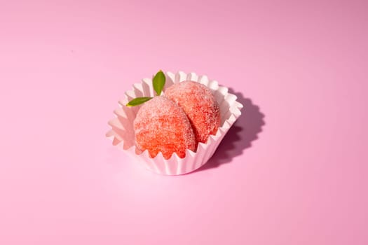 Closeup Italian Peach Cookie. Sugar Pink Coated Homemade Dessert. Orange Infused Sweet Ricotta Peach Cookies On Pink Background. Horizontal Plane. High quality photo