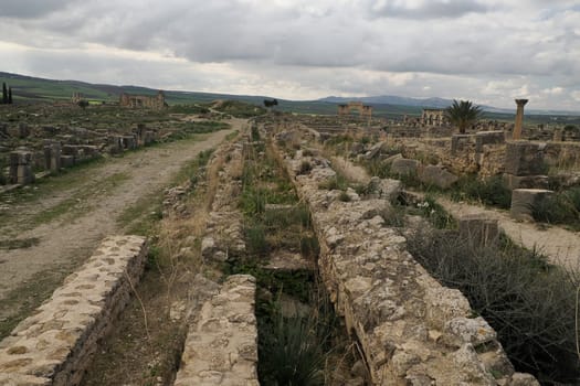 Volubilis Roman ruins in Morocco- Best-preserved Roman ruins located between the Imperial Cities of Fez and Meknes on a fertile plain surrounded by wheat fields.