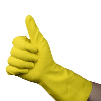 the ok gesture made with a hand wearing a yellow rubber glove with a transparent background