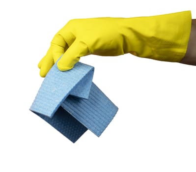 a hand with a yellow rubber glove holds a cleaning sponge with a transparent background