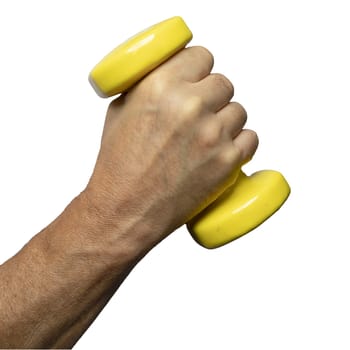 yellow gymnastic weights in hand with a transparent background