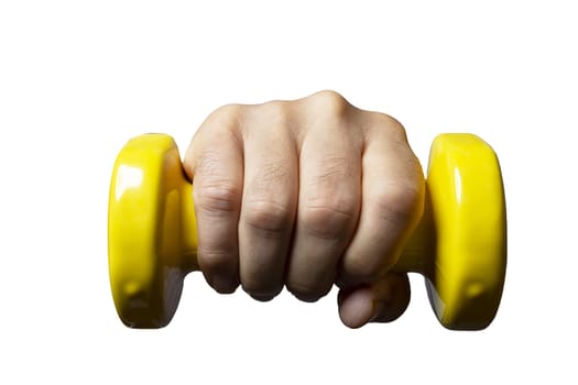 yellow gymnastic weights in hand with a transparent background