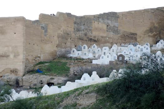 white tombstones Old cemetery of fez el Bali medina Morocco.