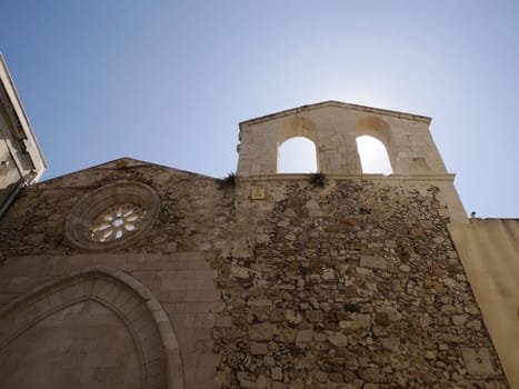 roof less church San Giovanni Battista San Giovannello Giudecca district ortigia syracuse old buildings street view on sunny day Sicily, Italy