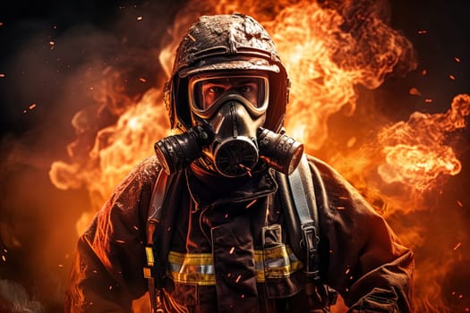 brave man firefighter comes out of the fire wearing special equipment and a gas mask. A Dangerous and Noble Profession, Salvation.