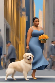 curvy elegant empowered business woman walking with dog in downtown illustration genrative ai art