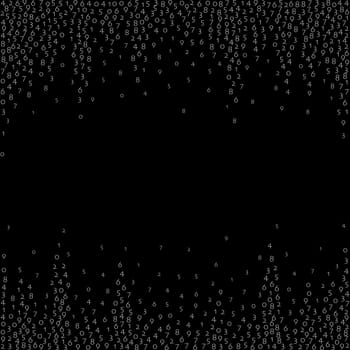 Falling numbers, big data concept. Binary white flying digits. Amazing futuristic banner on black background. Digital illustration with falling numbers.