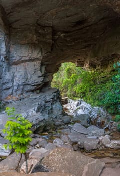 Serene rock cave with stream view amidst verdant surroundings.