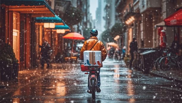 Delivery service concept. Man courier, contrary to weather conditions, delivers package to customer. character in raincoat, special backpack guided by map in phone goes to destination. Delivery boy in the rain with package in the city