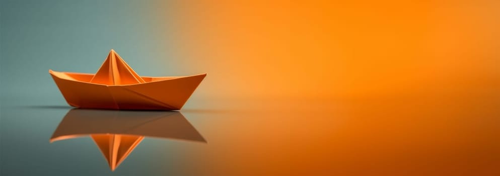 Creative image of white origami ships placed behind blue and orange paper ship representing concept of leadership on light background Copy space. Business concept design. Space for text