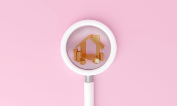 Magnifying glass looking for golden house on pink background. Growing demand for housing and real estate. 3D rendering.