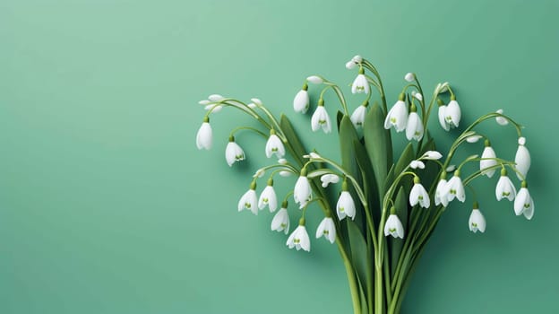 Bouquet of white snowdrops on a pink background. Background for cards and banners. Copy space. Spring holiday background.