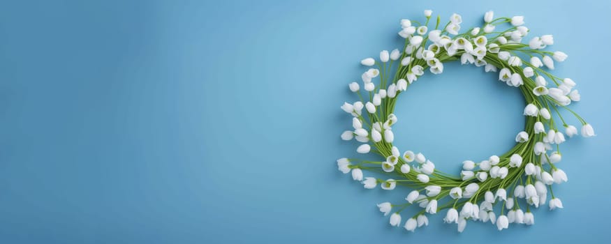 Wreath of white snowdrops on a blue background. Background for cards and banners. Copy space. Spring holiday background.