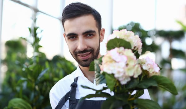 Bearded Male Florist with White Blooming Hydrangea. Smiling Gardener Holding Hortensia with Green Leaves. Happy Man Work at Domestic Plant Center Closeup. Person with Bloom Flower Front View Shot