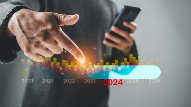 Growth and development chart of company in new year 2024. Planning, strategy digital technology marketing, profit income, economy, financial investment data stock market analysis progress concept.