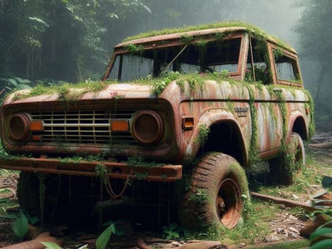 Abandoned rusty expensive atmospheric 4x4 suvas circulation banned for co2 emission 2030 agenda , severe damage, broken parts, plants overgrowth bloom flowers. ai generated