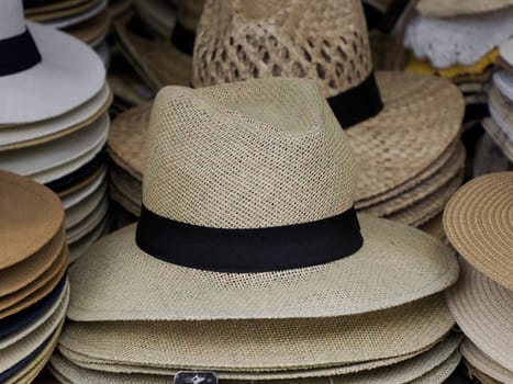 Many Panama hats in a store street market