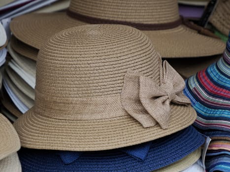 Many Panama hats in a store street market