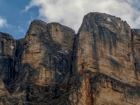 detail of rock of the monte croce cross mountain in dolomites badia valley panorama landscape