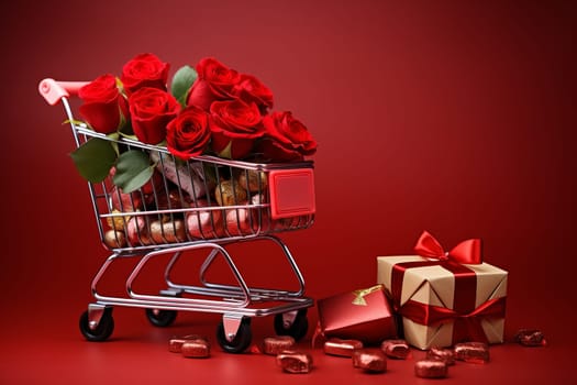 Shopping trolley with gift boxes, roses, chocolate on red background. Valentines day concept