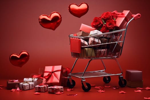 Shopping trolley with gift boxes, roses, chocolate on red background. Valentines day concept