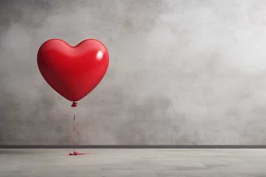 Red love shaped balloon on a gray wall background, Valentine's Day concept