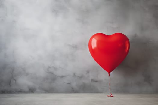 Red love shaped balloon on a gray wall background, Valentine's Day concept