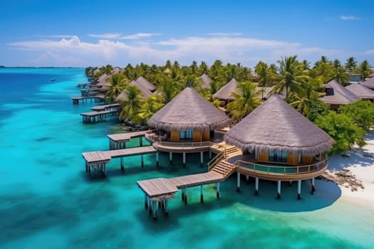 Maldives paradise scenery. Tropical aerial landscape, seascape with water villas with amazing sea and lagoon beach, tropical nature. AI Generated