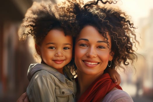 Smiling young mother and beautiful daughter having fun . Portrait of happy mother giving a piggyback ride to cute little girl outdoors. AI Generated