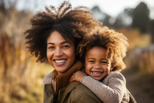 Smiling young mother and beautiful daughter having fun . Portrait of happy mother giving a piggyback ride to cute little girl outdoors. AI Generated