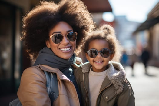 Smiling young mother and beautiful daughter having fun . Portrait of happy mother giving a piggyback ride to cute little girl outdoors. AI Generated