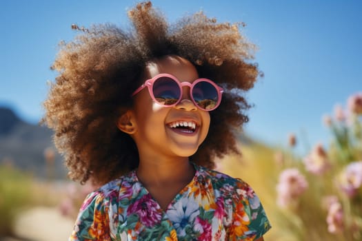 Portrait of happy cute little african american girl outdoors. AI Generated