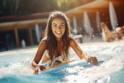Young smiling fitted girl in bikini, straw hat relax on inflatable ring in swimming pool. AI Generated