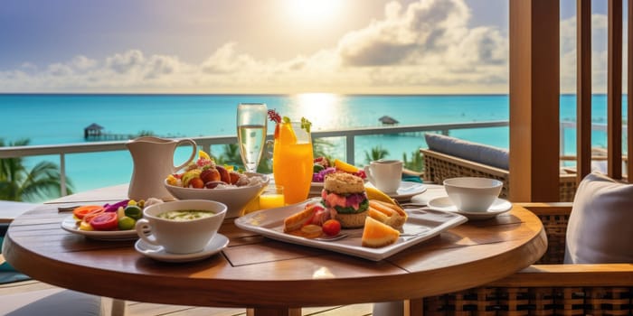 vacation breakfast in luxury hotel with ocean view. Summer love, romance date on vacation concept. AI Generated